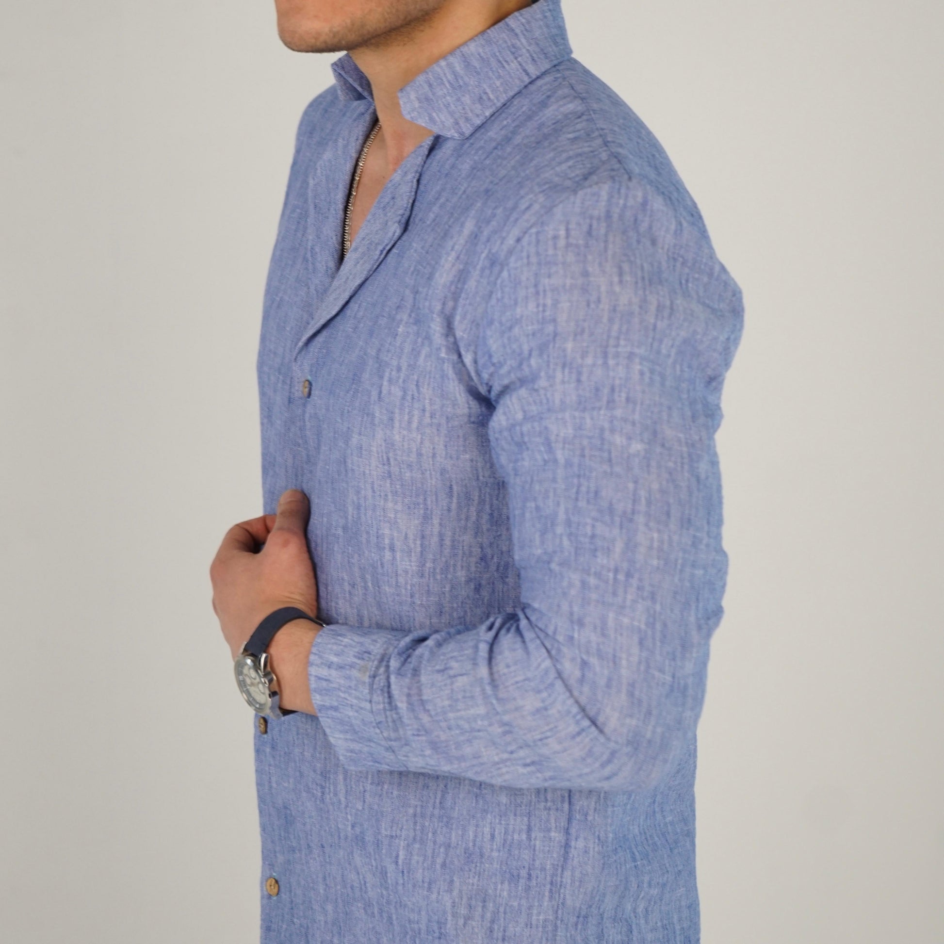 Blue Shirt 100% Linen Royal collar