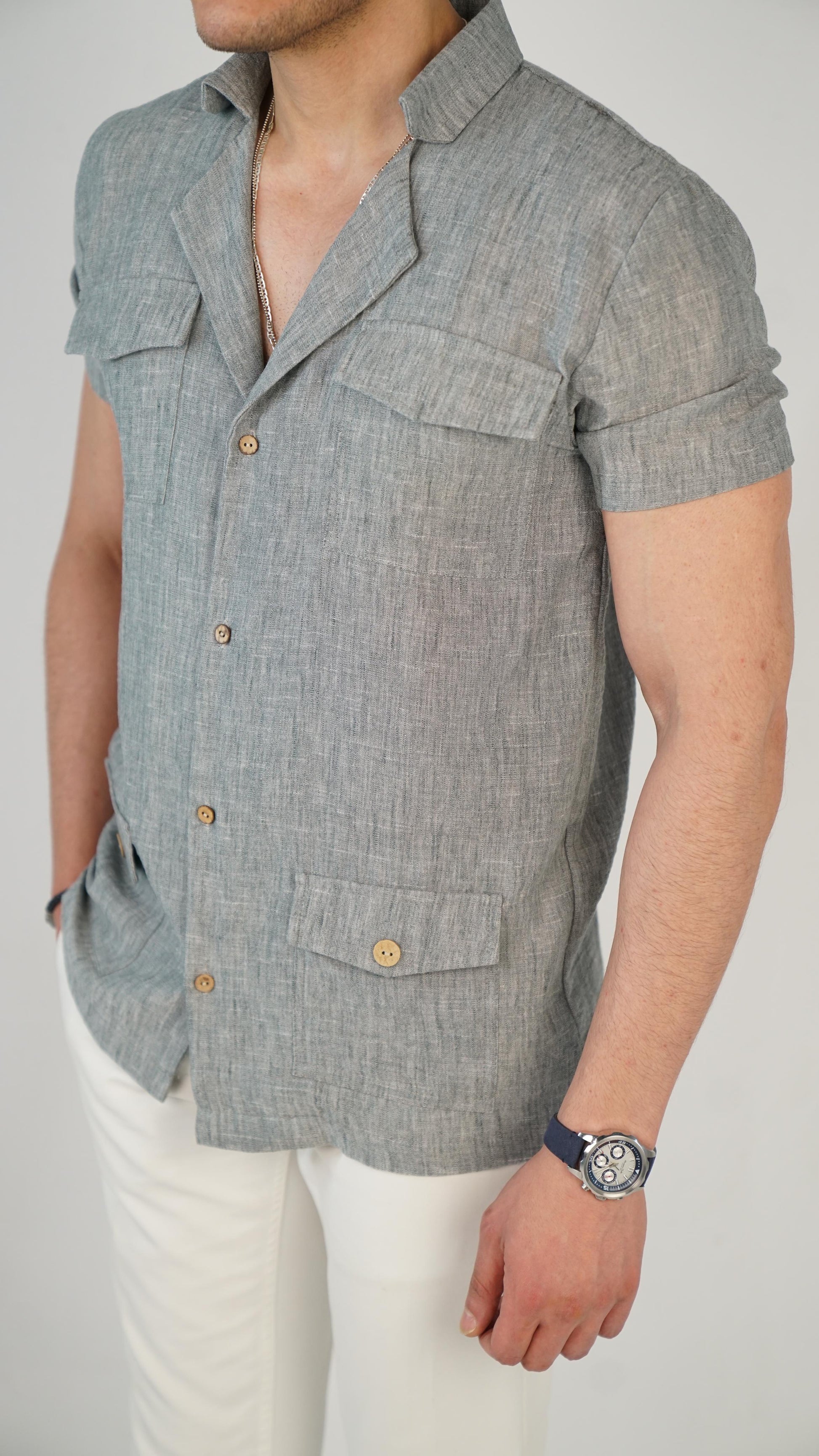 Gray Safari Shirt 100% Linen Short Sleeve