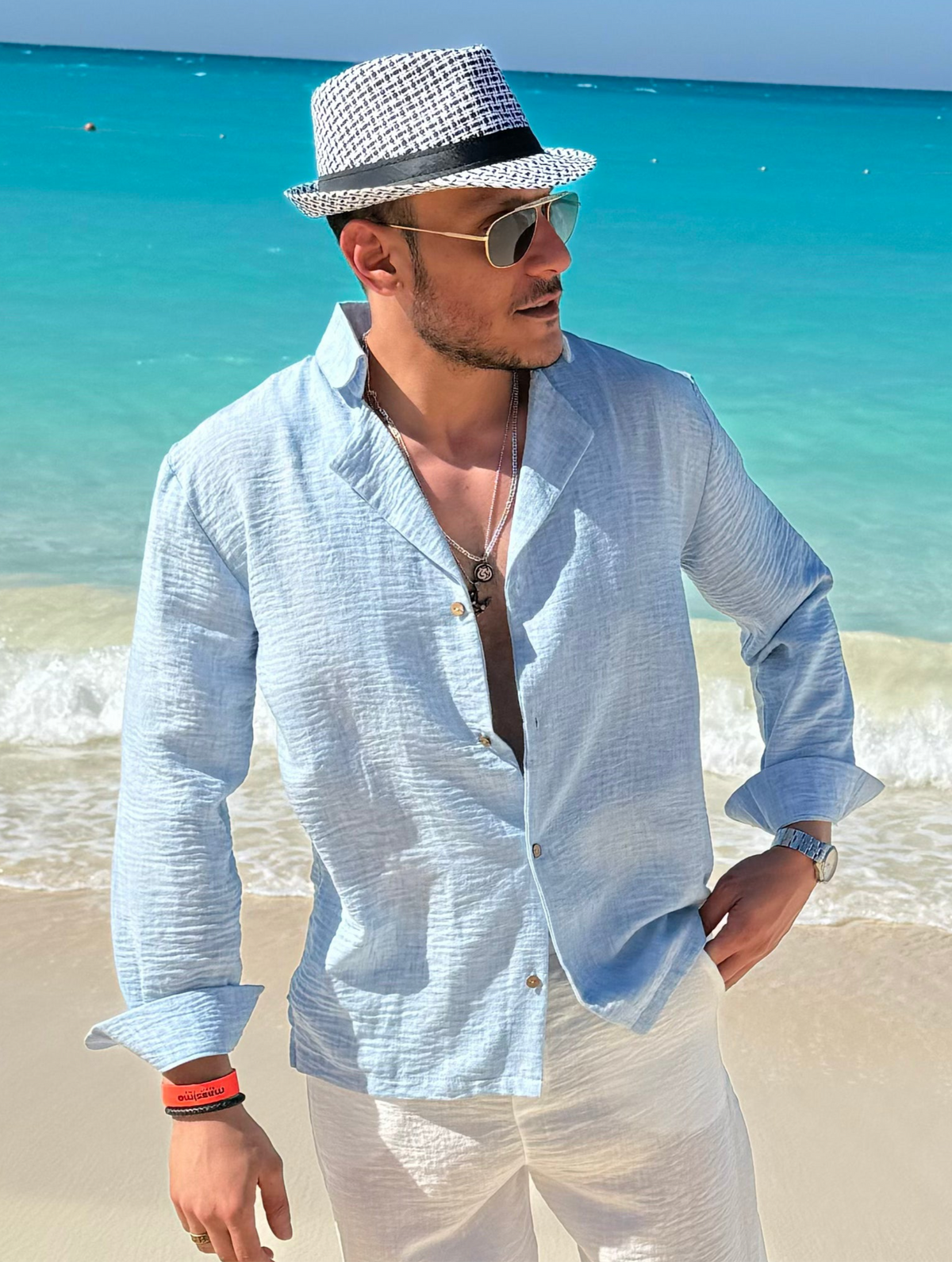 Sky Blue Shirt 100% Linen Royal collar