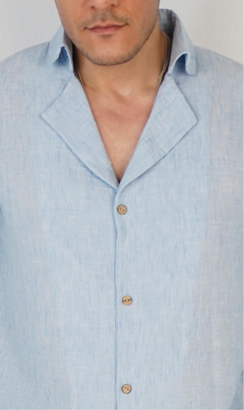 Sky Blue Shirt 100% Linen Royal collar