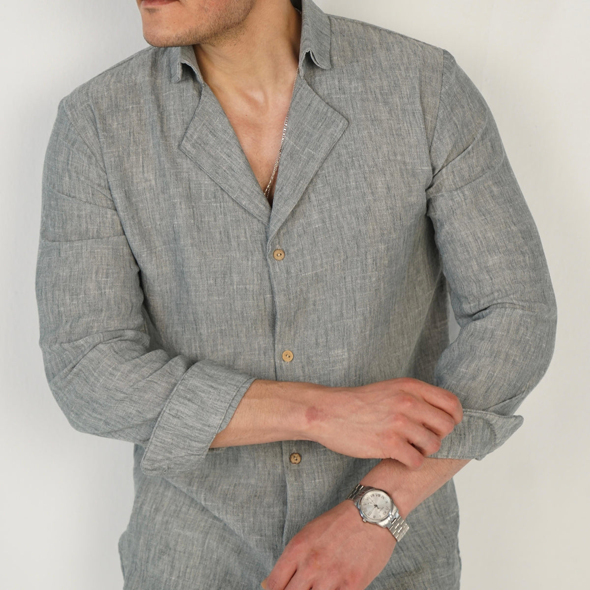 Gray Shirt 100% Linen Royal collar