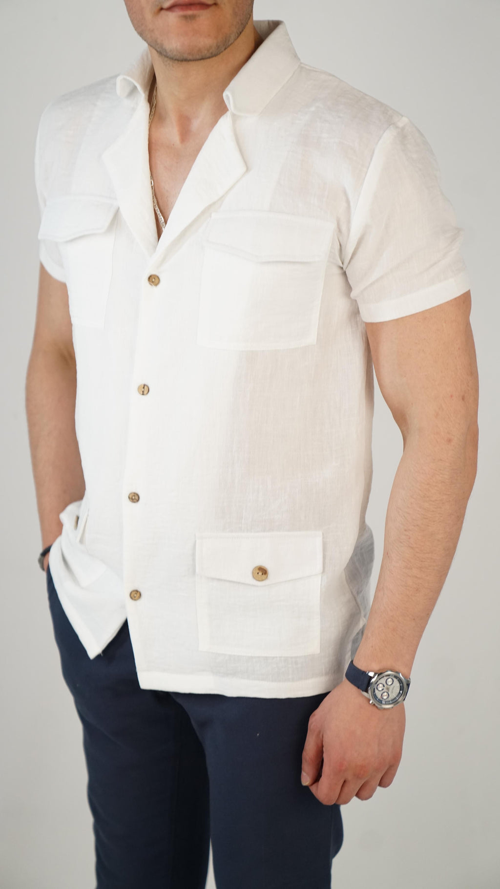White Safari Shirt 100% Linen Short Sleeve