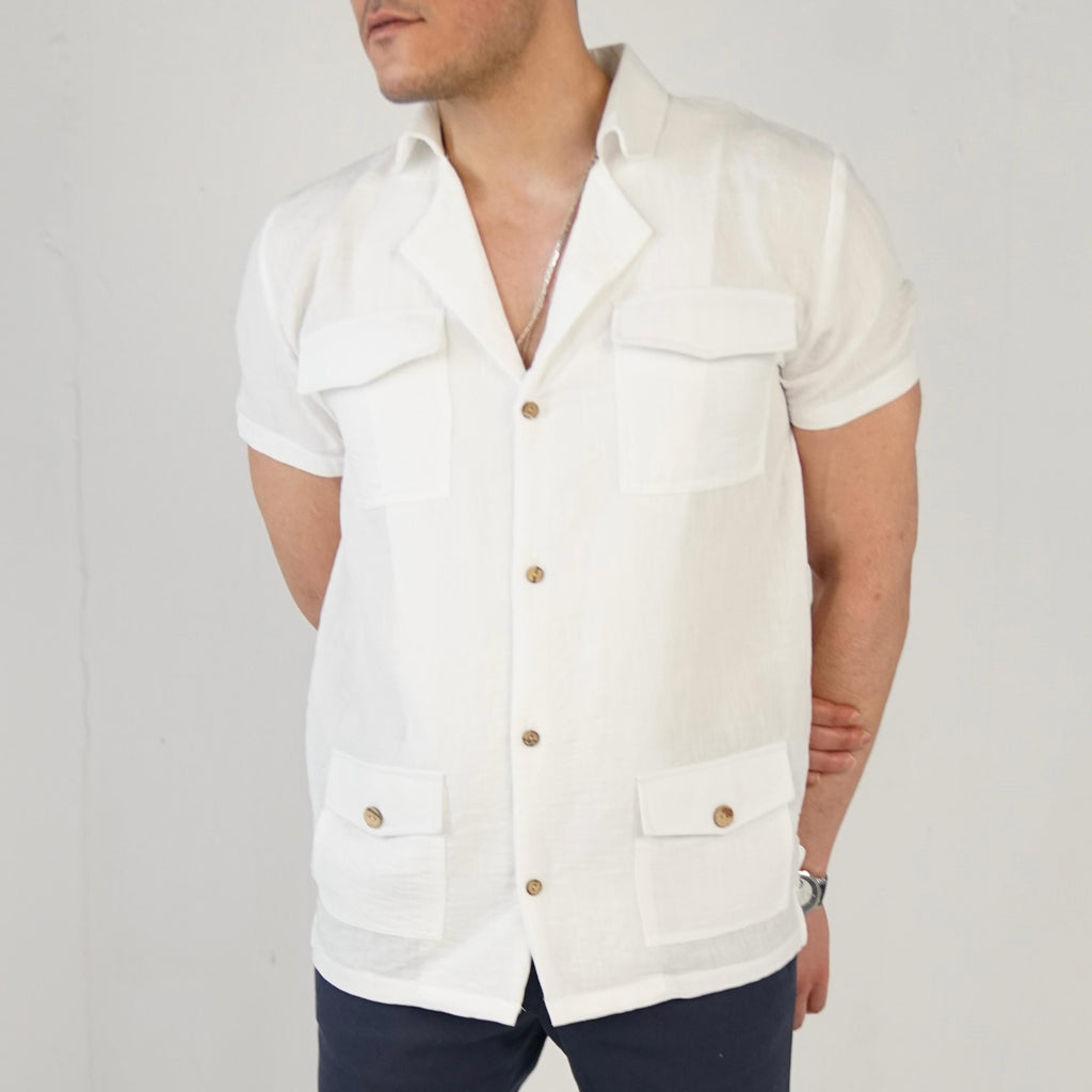 White Safari Shirt 100% Linen Short Sleeve