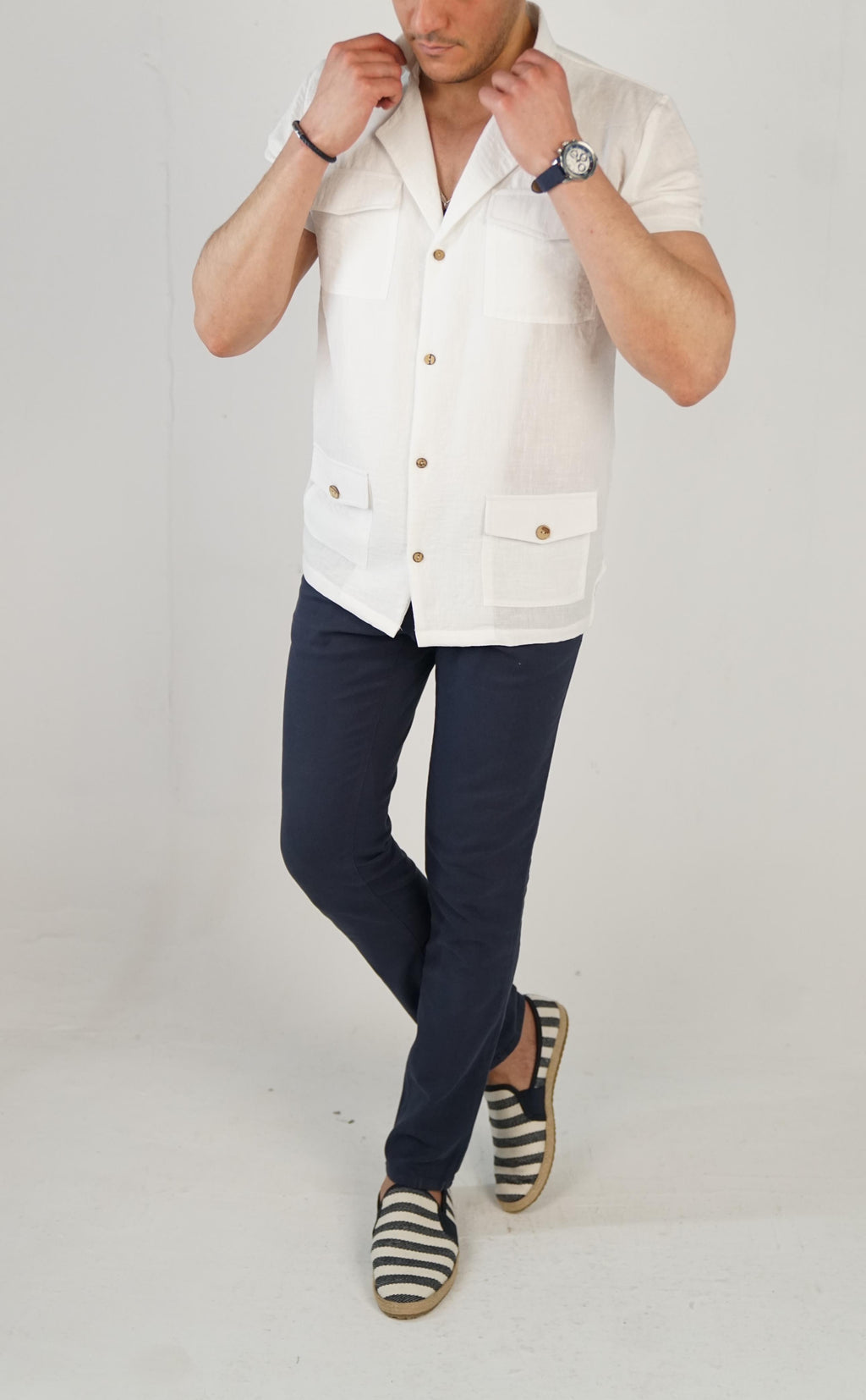 White Safari Shirt 100% Linen Short Sleeve