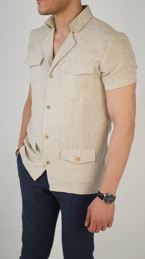 Beige Safari Shirt 100% Linen Short Sleeve