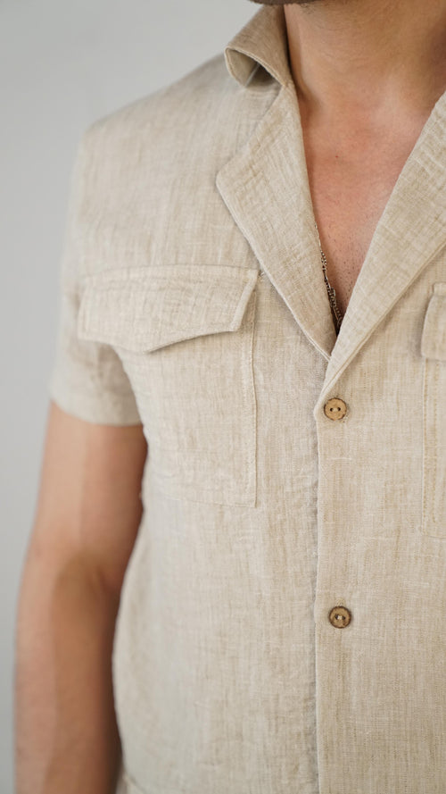 Beige Safari Shirt 100% Linen Short Sleeve